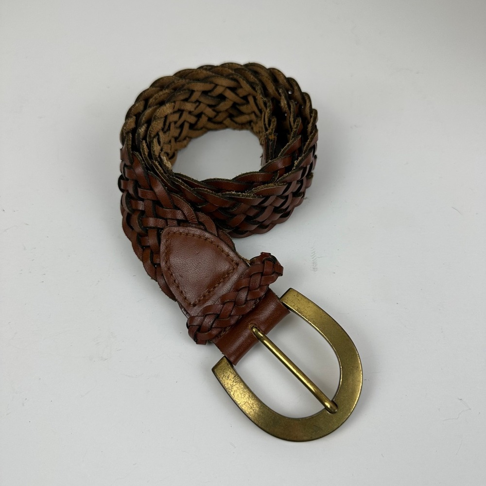 Brown Braided Woven Genuine Leather Belt Small Brass Buckle Boho Cottagecore